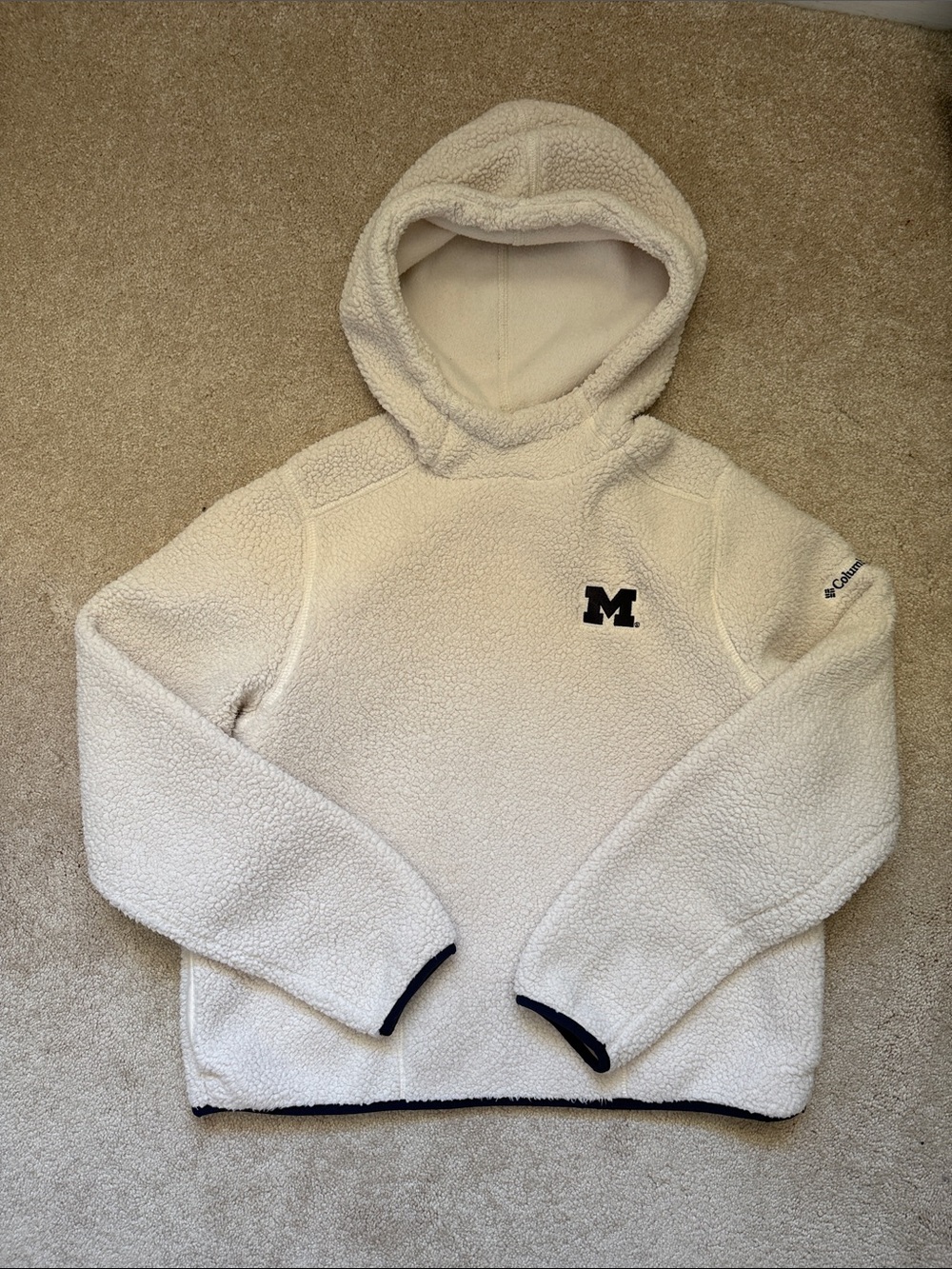 Columbia Cream Sherpa Hoodie with Navy Trim and Michigan logo